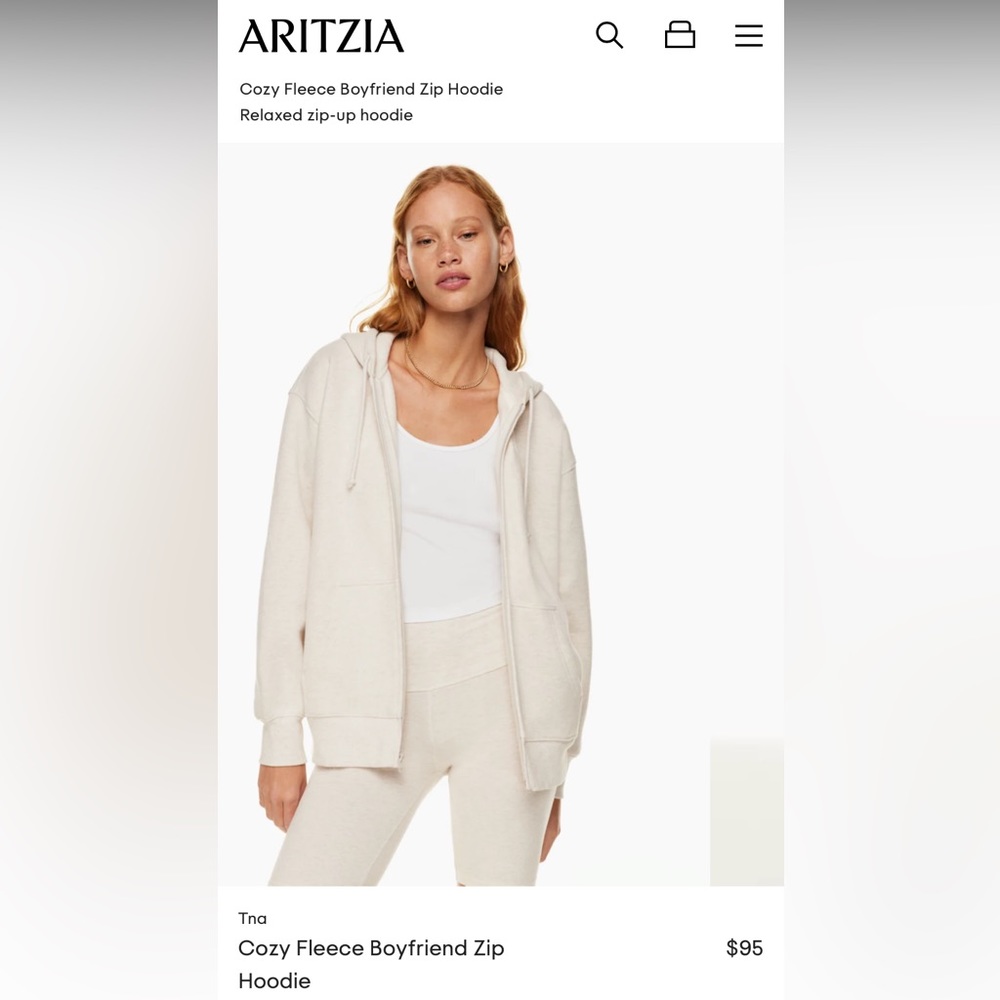 Aritzia Cozy Fleece Boyfriend Zip Up Hoodie in light heather oatmeal